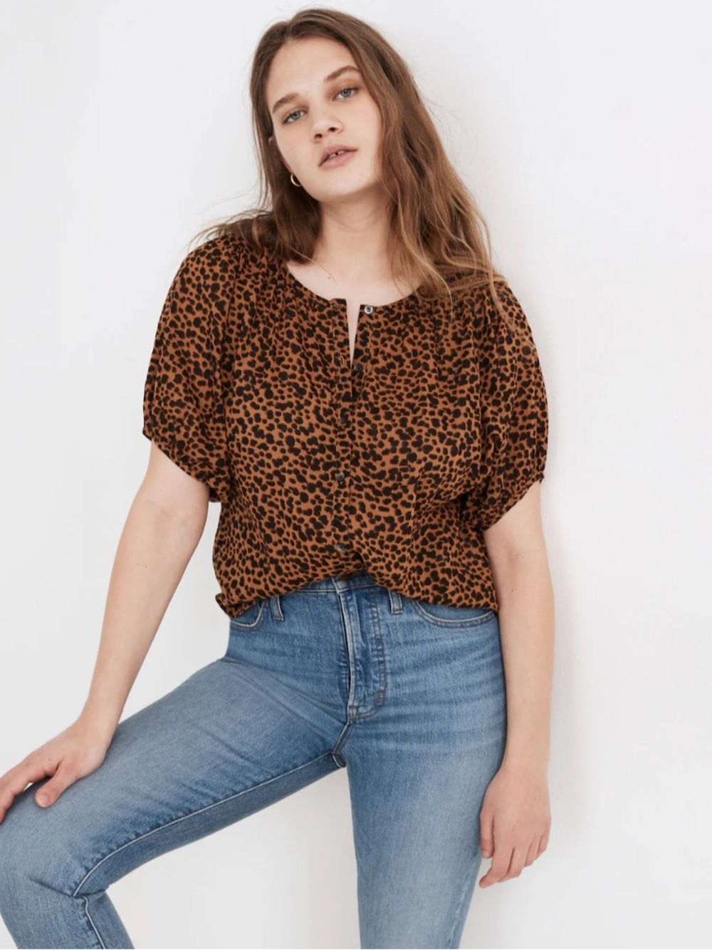 Madewell Balloon-Sleeve Button-Up Top in Painted Leopard